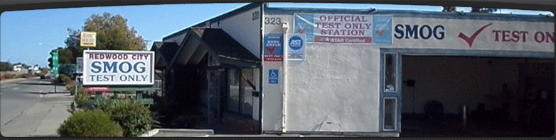 The Redwood City Smog test-only station on Woodside Road, with its open service bay.